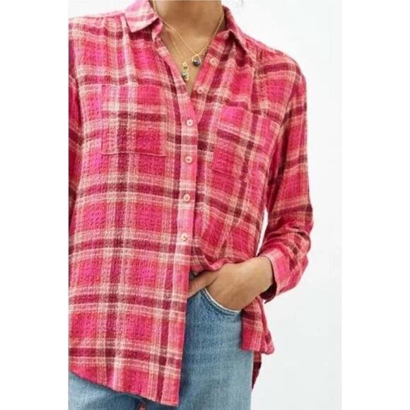 Anthropologie Tops - Pilcro Oversized Pink Plaid Seamed Buttondown Tunic Top Size XS